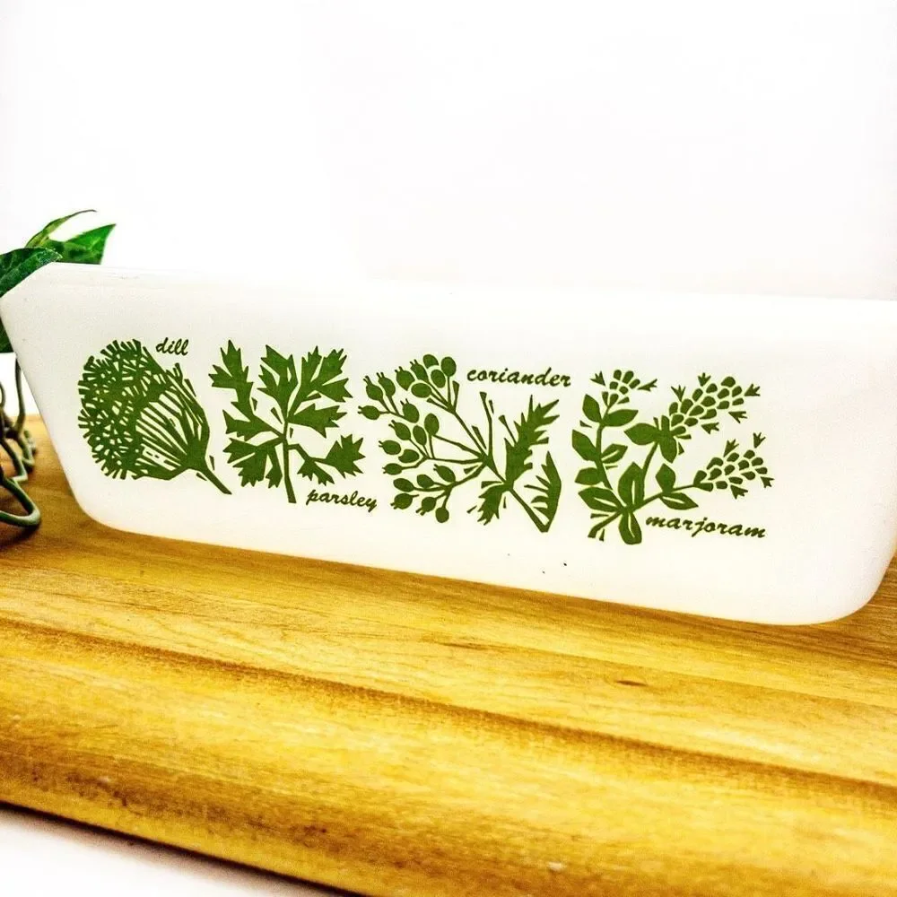 1960’s VTG Glasbake J522 1.5 Quart Milk Glass Loaf Pan Green Herb Pattern